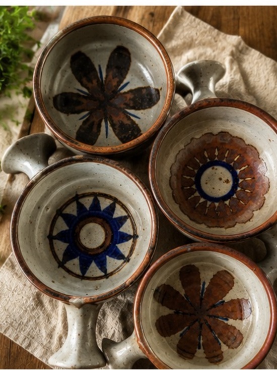 Vintage Other - Vintage Studio Pottery Handle Bowls Set of 4 Rustic Boho Artisan Stoneware